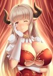  1girl ;) alicia_(granblue_fantasy) armor armored_dress bangs blonde_hair blunt_bangs blush breasts closed_mouth curtains detached_collar dress earrings elbow_gloves eyebrows eyebrows_visible_through_hair gloves granblue_fantasy hand_on_own_cheek head_tilt horns huge_breasts jewelry long_hair looking_at_viewer one_eye_closed pointy_ears red_dress red_eyes smile solo strapless strapless_dress upper_body very_long_hair white_gloves zukky 