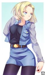  1girl android_18 belt black_legwear blonde_hair blue_eyes denim_jacket denim_skirt dragon_ball dragon_ball_z earrings jewelry pantyhose serious short_hair simple_background solo vest 