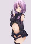  1girl absurdres armor bare_shoulders baron_suzuki blush breasts fate/grand_order fate_(series) gloves hair_over_one_eye highres looking_at_viewer midriff navel shielder_(fate/grand_order) short_hair smile solo v violet_eyes 