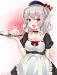  1girl blue_eyes chiune_(yachi) cup hat kantai_collection kashima_(kantai_collection) maid silver_hair smile teacup teapot tray twintails 