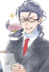  1boy asselin_bb_ii bespectacled black_hair bow computer demon_horns desk glasses heterochromia horns idolmaster idolmaster_side-m laptop looking_to_the_side male_focus necktie red_eyes red_necktie satan_(idolmaster) smile solo stuffed_toy tablet wavy_hair yellow_eyes 