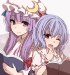  2girls asa_(coco) bangs blue_hair blunt_bangs book crescent crescent_hair_ornament eyebrows eyebrows_visible_through_hair frills hair_ornament hair_ribbon hat long_hair multiple_girls one_eye_closed patchouli_knowledge puffy_short_sleeves puffy_sleeves purple_hair reading red_eyes remilia_scarlet ribbon ribbon_trim short_hair short_sleeves sidelocks smile touhou tress_ribbon violet_eyes wristband yawning 