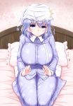  1girl alternate_costume bed blue_eyes blush breasts hat highres huge_breasts lavender_hair letty_whiterock looking_at_viewer nightcap pajamas pillow polearm shiro_oolong-cha short_hair sitting smile snowflakes solo touhou trident wariza weapon white_legwear 