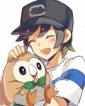  1boy :d animal black_hair blush closed_eyes gen_7_pokemon hand_on_another&#039;s_head hat holding_animal lastiny male_protagonist_(pokemon_sm) open_mouth pokemon pokemon_(creature) pokemon_(game) pokemon_sm rowlet shirt smile striped striped_shirt white_background 
