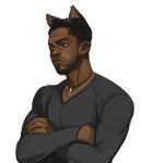  1boy animal_ears beard bisouette black_hair black_panther_(marvel) black_shirt brown_eyes captain_america_civil_war cat_ears catboy crossed_arms dark_skin extra_ears facial_hair frown jewelry kemonomimi_mode marvel necklace shirt solo t&#039;challa upper_body white_background 