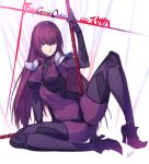  1girl armor armored_boots ass azusa_(hws) bodysuit boots breasts character_name copyright_name covered_navel covered_nipples fate/grand_order fate_(series) gae_bolg high_heels knee_up long_hair looking_at_viewer purple_hair red_eyes scathach_(fate/grand_order) shoulder_armor sitting solo 