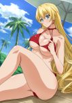  1girl alternate_hairstyle bare_shoulders bikini blonde_hair blue_eyes blush breasts claire_harvey clouds collarbone earrings highres hundred jewelry large_breasts long_hair looking_at_viewer namakemono_(u446644k) palm_tree red_bikini sitting sky smile solo swimsuit tree 