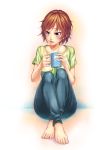  1girl :d barefoot blue_pants blush breasts brown_eyes brown_hair coffee_cup collarbone crossed_legs cup denim feet full_body green_shirt highres holding_cup jeans knees_up looking_to_the_side mug open_mouth original pants shigatsu_itsuka shirt short_hair short_sleeves sitting smile solo t-shirt toenails toes tsurime 