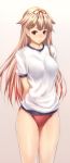  1girl :o arms_behind_back bare_legs beige_background blonde_hair blush breasts buruma cowboy_shot gradient_hair gym_uniform hair_flaps hair_ornament hair_ribbon hairclip kantai_collection large_breasts looking_at_viewer multicolored_hair orange_hair parted_lips red_eyes red_ribbon remodel_(kantai_collection) ribbon shirt short_sleeves simple_background solo sportswear standing white_shirt yuudachi_(kantai_collection) zucchini 