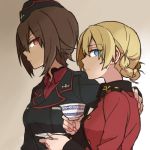  2girls blonde_hair blue_eyes brown_eyes brown_hair cup darjeeling girls_und_panzer hand_on_another&#039;s_shoulder holding_cup multiple_girls nishizumi_maho ree_(re-19) saucer short_hair teacup uniform 