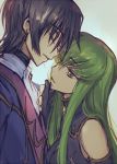  1boy 1girl :d artist_name ascot bare_shoulders black_dress black_gloves black_hair blue_background c.c. closed_eyes code_geass creayus detached_sleeves dress eyebrows eyebrows_visible_through_hair gloves green_hair hand_on_another&#039;s_chin height_difference lelouch_lamperouge long_hair looking_up open_mouth parted_lips simple_background sleeveless sleeveless_dress smile tsurime uniform upper_body yellow_eyes 