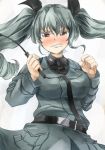  1girl anchovy blush breasts brown_eyes drill_hair girls_und_panzer green_hair hair_ribbon large_breasts military military_uniform ribbon riding_crop sneer tearing_up twin_drills uniform yohane 