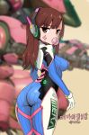  1girl ass breasts brown_eyes brown_hair bubble_blowing bubblegum d.va_(overwatch) facial_mark headphones highres impossible_bodysuit kuma_(kuma1994) long_hair looking_at_viewer looking_back mecha overwatch solo striped vertical_stripes 