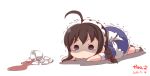  1girl 2016 ahoge alternate_costume apron blue_dress blue_eyes bow braid broken broken_cup brown_hair cup dated dress drink enmaided fallen_down full_body hair_ribbon kanon_(kurogane_knights) kantai_collection liquid lying maid maid_apron maid_headdress motion_lines on_stomach puddle red_bow ribbon saucer shaded_face shigure_(kantai_collection) short_sleeves simple_background single_braid solo tea teacup tears trembling tripped waist_apron white_apron white_background 