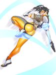  1girl ass black_hair bodysuit commentary_request dual_wielding from_behind gloves goggles gun handgun highres jacket looking_at_viewer looking_back open_mouth overwatch shoes short_hair smile sneakers solo spiky_hair taka-michi tracer_(overwatch) weapon 