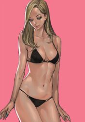  1girl bare_shoulders bikini black_bikini blonde_hair breasts character_request green_eyes large_breasts long_hair mana30row nail_polish navel o-ring_bikini o-ring_bottom o-ring_top parted_lips pink_background simple_background sketch solo swimsuit 