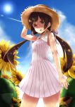  1girl absurdres amayadori_machi brown_eyes brown_hair dress flower hair_ribbon hat highres kumamiko long_hair looking_at_viewer open_mouth ribbon sleeveless solo straw_hat striped sun sundress sunflower tagme twintails vertical-striped_dress vertical_stripes yamada_yamao_(zget2) 