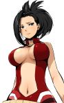  1girl absurdres bare_shoulders black_hair blue_eyes blush boku_no_hero_academia breasts center_opening enami_katsumi highres large_breasts long_hair looking_away ponytail shiny shiny_skin short_hair simple_background sleeveless solo white_background yaoyorozu_momo 