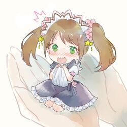  blush brown_hair green_eyes hands idolmaster idolmaster_side-m lowres maid miniboy mizushima_saki otoko_no_ko rabbit scrunchie surprised twintails 