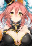  1girl 3: animal_ears blush breasts caster_(fate/extra) cleavage detached_sleeves fate/extra fate_(series) fox_ears fox_tail hat highres kou_mashiro large_breasts looking_at_viewer mini_hat mini_top_hat pink_hair solo tail top_hat yellow_eyes 