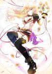  1girl ahoge blonde_hair breasts cleavage flower garter_straps long_hair one_eye_closed ribbon ricemo rwby solo sunflower thigh-highs vambraces violet_eyes yang_xiao_long 