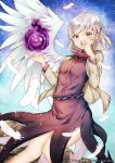  1girl covering_mouth feathers kaio_(watagami) kishin_sagume red_eyes silver_hair single_wing solo touhou wings 