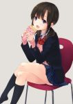  1girl :d black_legwear blazer blue_eyes bow brown_hair chair commentary_request crepe crossed_legs food food_on_face jacket kneehighs looking_at_viewer no_shoes open_mouth original plaid plaid_skirt school_uniform short_hair sitting skirt sleeves_past_wrists smile solo unasaka_ryou 