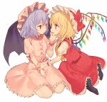  2girls ascot bat_wings black_legwear blonde_hair bow crystal flandre_scarlet hat hat_bow hat_ribbon lavender_hair misoni_comi mob_cap multiple_girls nail_polish no_shoes open_mouth puffy_sleeves red_eyes remilia_scarlet ribbon seiza short_hair short_sleeves siblings simple_background sisters sitting touhou white_background wings wrist_cuffs 