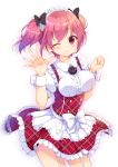  1girl :3 apron bow breasts buttons clear_moon dress eyebrows eyebrows_visible_through_hair frilled_dress frills hair_bow hasegawa_urumi highres looking_at_viewer maid maid_headdress mascot one_eye_closed original pink_hair red_eyes short_hair short_sleeves smile solo two_side_up underbust waving wind wrist_cuffs 