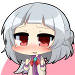  1girl bangs blunt_bangs blush chibi commentary_request crazy_eyes kishin_sagume open_mouth red_eyes silver_hair single_wing solo touhou twumi wavy_mouth wings 