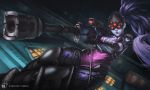  1girl bodysuit breasts cleavage grappling_hook gun hammling lips overwatch ponytail purple_skin rifle sniper_rifle solo thighs weapon widowmaker_(overwatch) 