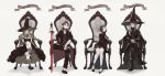  2boys 2girls armchair bangs black_cape black_coat black_dress black_gloves black_hair black_ribbon black_shoes blonde_hair blue_eyes blue_hair breasts brown_hair chair character_name closed_mouth crossed_legs crown cup dress engrish gloves godric_gryffindor grey_legwear hair_between_eyes hair_over_one_eye harry_potter hat head_rest helga_hufflepuff high_heels highres holding holding_sword holding_weapon interlocked_fingers jewelry kneehighs knees_together_feet_apart large_breasts light_frown long_hair looking_at_viewer mocco multiple_boys multiple_girls necklace off_shoulder one_eye_covered own_hands_together pendant puffy_sleeves ranguage redhead ribbon robe rowena_ravenclaw salazar_slytherin shade shadow shoes short_hair short_sleeves side_slit silver_hair simple_background sitting sitting_on_chair sleeves_rolled_up smile smirk sword weapon wide_sleeves witch_hat wrist_ribbon yellow_eyes 