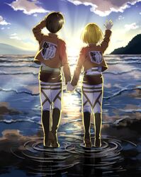  1boy 1girl arm_up armin_arlert backlighting black_hair blonde_hair blue_sky boots brown_boots brown_jacket clouds emblem eren_yeager full_body highres holding_hands horizon jacket knee_boots light_rays long_sleeves military military_uniform morning moxue_qianxi open_clothes open_jacket pants reflection shingeki_no_kyojin sky sunlight sunrise thigh_strap uniform wading water white_pants 