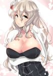  1girl absurdres blush breasts brown_eyes cleavage hat highres kantai_collection long_hair looking_at_viewer pola_(kantai_collection) sankakusui_(deltawhite) silver_hair solo 