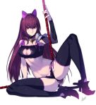  1girl animal_ears azusa_(hws) bell bell_collar breasts cat_cutout cat_ear_panties cat_ears cat_lingerie cleavage cleavage_cutout collar dual_wielding fake_animal_ears fate/grand_order fate_(series) gae_bolg high_heels long_hair midriff navel pauldrons polearm purple_hair red_eyes scathach_(fate/grand_order) solo spear thigh-highs weapon 