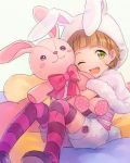  1boy animal_hood bangs blonde_hair blunt_bangs blush blush_stickers bunny_hood green_eyes heart himeno_kanon hood idolmaster idolmaster_side-m korokke male_focus open_mouth pillow shawl shirt sitting smile solo striped striped_legwear striped_shirt stuffed_animal stuffed_bunny stuffed_toy thigh-highs 