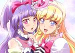  2girls asahina_mirai black_gloves blush bow cure_miracle cure_mirage earrings gloves hair_bow hairband hat interlocked_fingers izayoi_liko jewelry long_hair looking_at_viewer magical_girl mahou_girls_precure! mini_hat mini_witch_hat multiple_girls open_mouth pink_eyes precure purple_hair smile violet_eyes washizuka_shou white_gloves witch_hat 