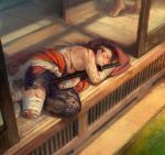  1boy amputee bandaged_head bandages blood brown_hair highres injury long_hair lying male_focus maro_bideru missing_limb mutsu-no-kami_yoshiyuki on_side porch sleeping solo sword touken_ranbu weapon 