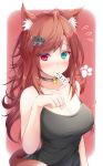  1girl animal_ears bell bell_choker blush breasts brown_hair cat_ears cat_tail choker cleavage collarbone flying_sweatdrops green_eyes heterochromia highres jingle_bell keke-san large_breasts long_hair looking_at_viewer original paw_print red_eyes simple_background solo tail translation_request upper_body 