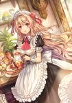  1girl :d apron ascot blonde_hair blush cake clock cup flower food frills fruit hair_ornament hairclip headdress highres holding hourglass long_hair looking_at_viewer macaron madogawa maid maid_headdress muffin open_mouth original plant red_eyes saucer smile solo strawberry sunlight teacup teapot tray vase window wrist_cuffs 