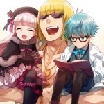  1girl 2boys blonde_hair blue_hair caster_(fate/extra) character_request fate/extra fate_(series) glasses multiple_boys nursery_rhyme_(fate/extra) open_mouth pink_hair sunglasses 