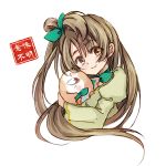  1girl bow closed_eyes gen_7_pokemon green_ribbon hair_bow hair_rings hug leaf light_brown_hair long_hair love_live!_school_idol_project lowres minami_kotori pokemon pokemon_(game) pokemon_sm ribbon rowlet side_ponytail yellow_eyes 