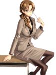  1girl arm_support breasts formal glasses large_breasts looking_at_viewer pantyhose simple_background sitting solo takano_masayuki white_background 