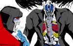  2boys autobot cowering decepticon formal glowing kamizono_(spookyhouse) machine machinery male_focus mecha multiple_boys no_humans open_mouth optimus_prime robot scared science_fiction starscream suit sunglasses surprised tears transformers 