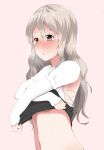  1girl blush breasts brown_eyes chestnut_mouth drunk eyebrows grey_hair kamenoyou kantai_collection long_hair navel pink_background pola_(kantai_collection) simple_background solo sweat thick_eyebrows under_boob undressing upper_body wavy_hair 