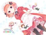  5girls apron black_legwear blonde_hair brown_eyes brown_hair employee_uniform glasses hayama_teru juliet_sleeves kuroba_u long_sleeves maid maid_headdress multiple_girls nishikawa_youko nishiyama_serina odagiri_futaba one_eye_closed orange_hair pants pantyhose pink_hair puffy_short_sleeves puffy_sleeves purple_hair sansha_san&#039;you short_hair short_sleeves skirt skirt_lift sonobe_shino translated uniform violet_eyes waitress 