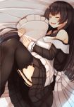  1girl agano_(kantai_collection) alternate_costume apron bare_shoulders black_hair black_legwear blush breasts closed_eyes enmaided frilled_pillow frills garter_belt garter_straps kantai_collection long_hair long_sleeves lying maid maid_apron on_side open_mouth pillow pillow_hug plan_(planhaplalan) sleeping solo thigh-highs 