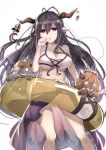  1girl bare_shoulders bikini black_hair breasts cleavage crescent cure_slum danua front-tie_bikini front-tie_top granblue_fantasy horns innertube jewelry long_hair looking_at_viewer moon navel open_mouth pink_eyes pointy_ears sarong solo swimsuit white_bikini 