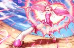  1girl bike_shorts blue_sky boots bow choker clouds cloudy_sky cure_happy dragon_ball energy frills ground head_wings heart highres hoshizora_miyuki kamehameha knee_boots long_hair magical_girl necktie open_mouth parody pink_bow pink_eyes pink_hair pink_necktie pink_skirt precure short_sleeves shorts_under_skirt skirt sky smile_precure! solo teeth tiara tugo twintails 
