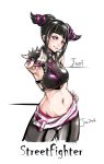  1girl bare_shoulders black_hair bracelet breasts capcom detached_sleeves drill_hair fingerless_gloves gloves halter_top halterneck han_juri hand_on_hip jewelry jon_tw large_breasts looking_at_viewer midriff navel pointing pointing_at_viewer short_hair solo spiked_bracelet spikes street_fighter street_fighter_iv super_street_fighter_iv twin_drills violet_eyes 